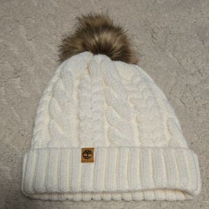 Timberland Ivory Knit Beanie with Faux Fur Pom